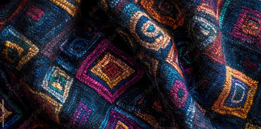Close-up of a vibrant, hand-knitted textile with intricate patterns. Close-up of a vibrant, hand-knitted textile with intricate patterns.