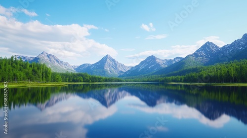 Serene landscape featuring majestic mountains reflected in a calm lake, encompassed by lush greenery under a bright blue sky.