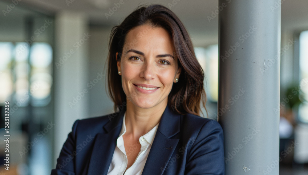 Modern portrait headshot of a friendly ceo executive business worker: A confident businesswoman with wavy dark hair smiles directly at the camera while leaning against a gray column in a modern offi Modern portrait headshot of a friendly ceo executive business worker: A confident businesswoman with wavy dark hair smiles directly at the camera while leaning against a gray column in a modern offi