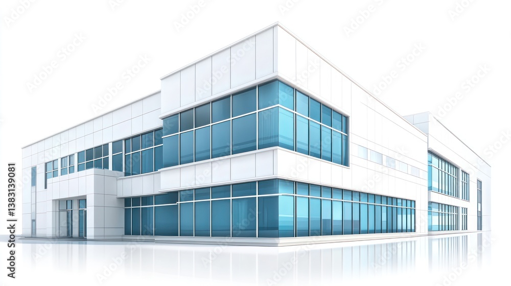 Modern white office building, glass facade, isolated, architectural rendering, real estate Modern white office building, glass facade, isolated, architectural rendering, real estate