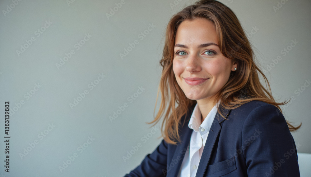 Modern portrait headshot of a friendly ceo executive business worker: A professional woman with light brown hair and blue eyes smiles confidently while wearing a navy blue blazer and white shirt. Modern portrait headshot of a friendly ceo executive business worker: A professional woman with light brown hair and blue eyes smiles confidently while wearing a navy blue blazer and white shirt.