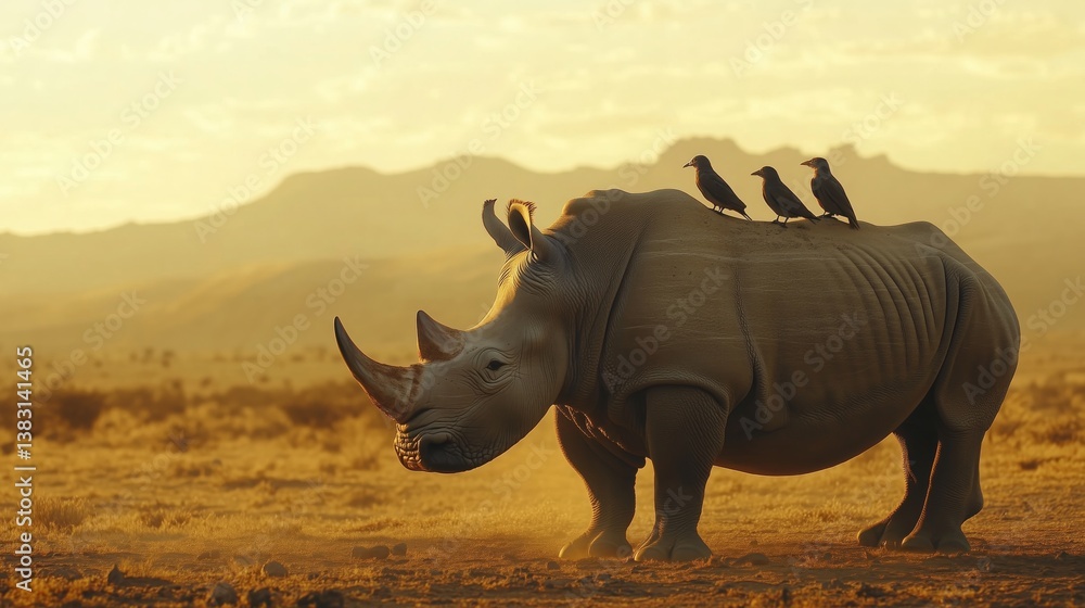 Fototapeta premium Rhinoceros standing in golden light with birds perched on its back in a tranquil landscape