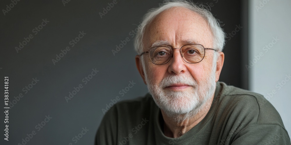 Obraz premium A thoughtful elderly man is captured in a serene indoor setting. His gentle gaze reflects wisdom and experience. Ideal for portraits or lifestyle themes. AI