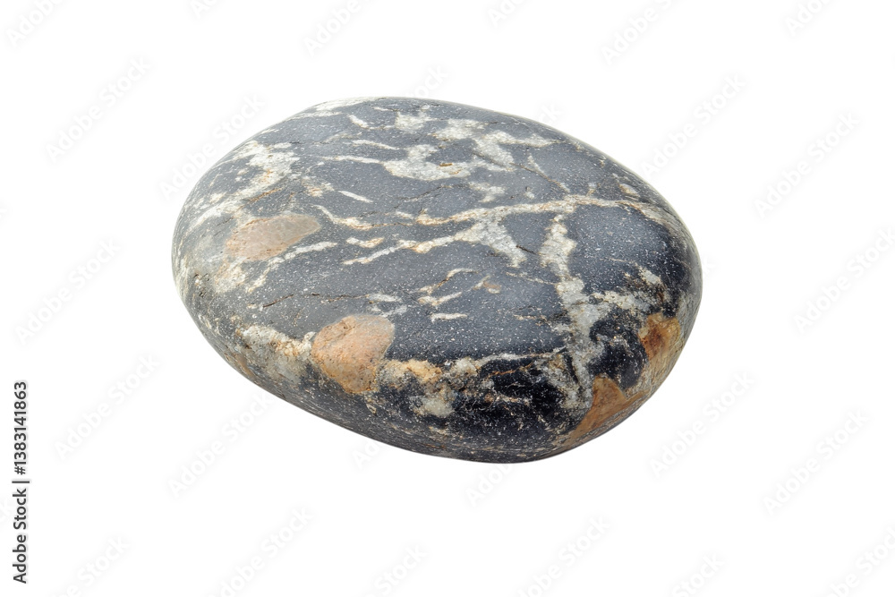 A beautifully polished stone with swirling patterns sitting on a clean white surface A beautifully polished stone with swirling patterns sitting on a clean white surface