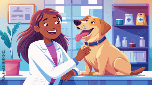 A woman in a white coat shares a joyful moment with a happy dog in a veterinary clinic, highlighting care and companionship.