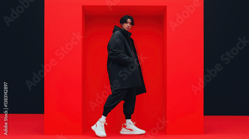 Young Asian man in stylish black coat and sneakers poses against a vibrant red and black geometric background.