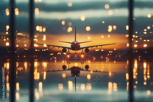 Airplane Preparing for Takeoff at Night With Bright Lights Illuminating the R...