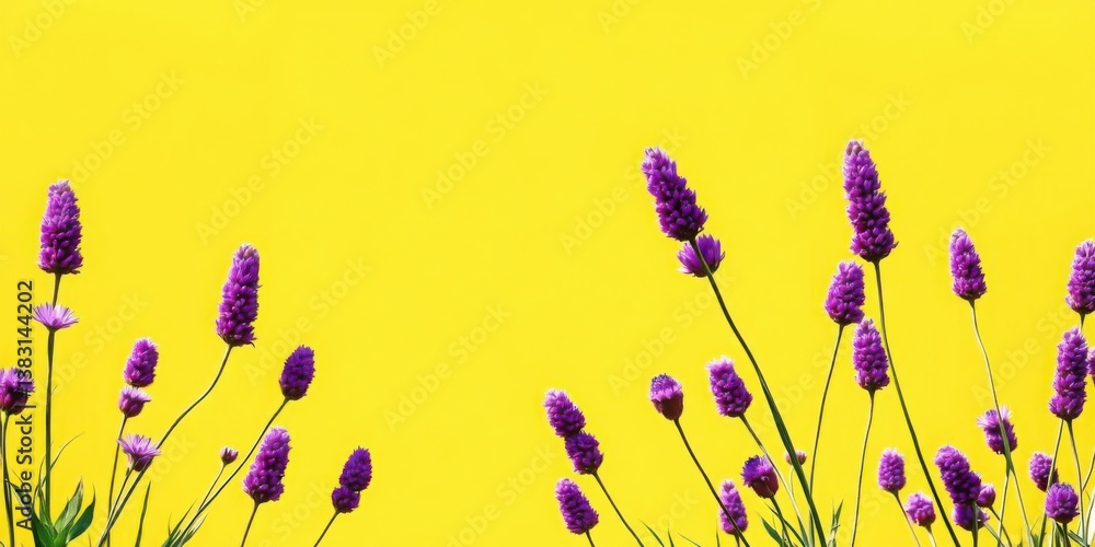 Fototapeta premium Vibrant Purple Flowers on Yellow Background Floral Design Spring Bloom