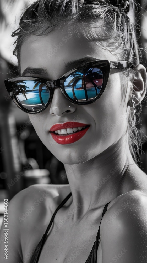 Naklejka premium Chic woman wearing bold red lipstick and reflective sunglasses in a high-contrast artistic photo