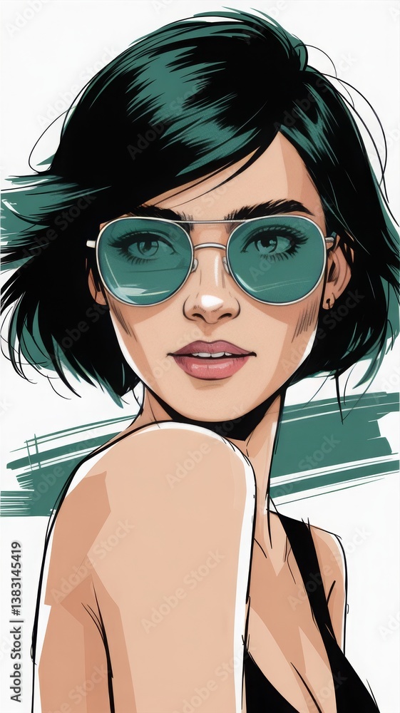 Naklejka premium Modern fashion portrait featuring green-tinted sunglasses and expressive brush strokes