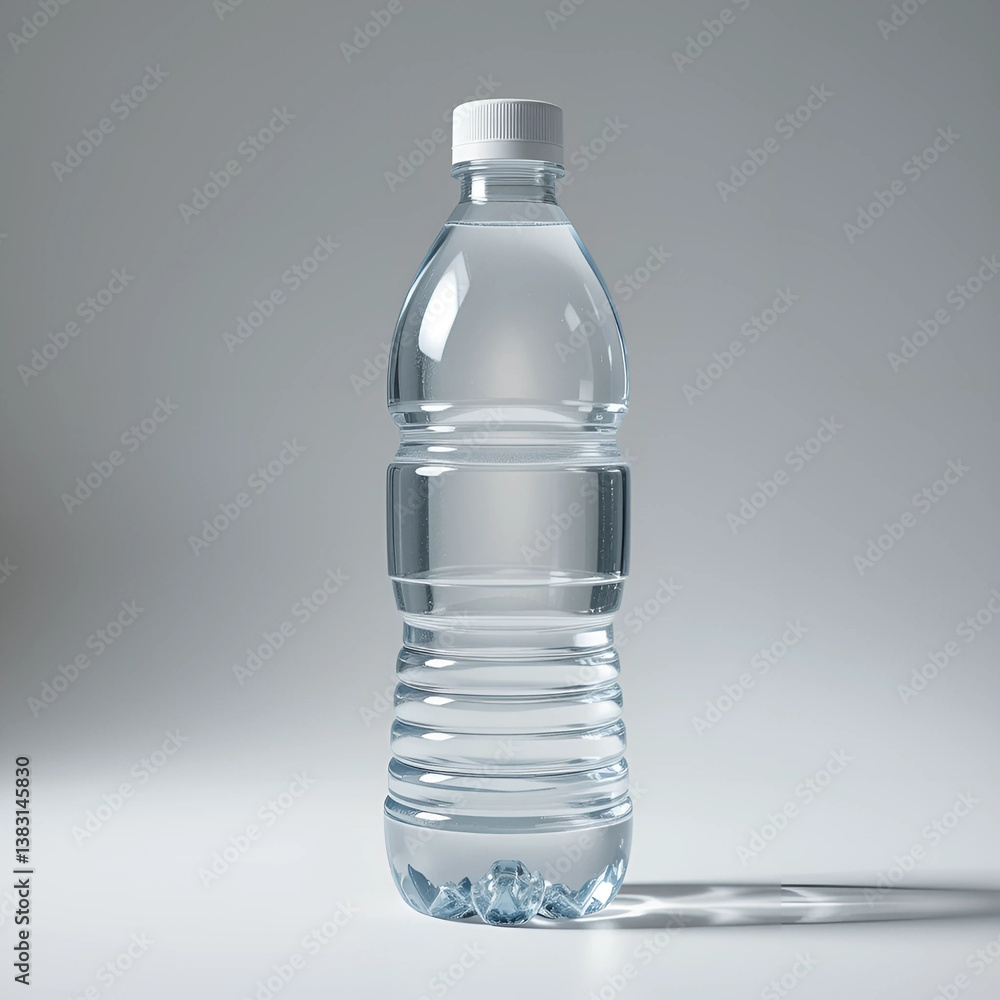 A single, clear plastic bottle of water stands on a light gray background. Simple product shot. A single, clear plastic bottle of water stands on a light gray background. Simple product shot.