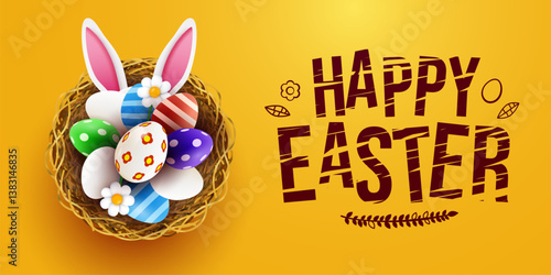 Bunny ears peek out of basket with Easter eggs. Happy Easter.