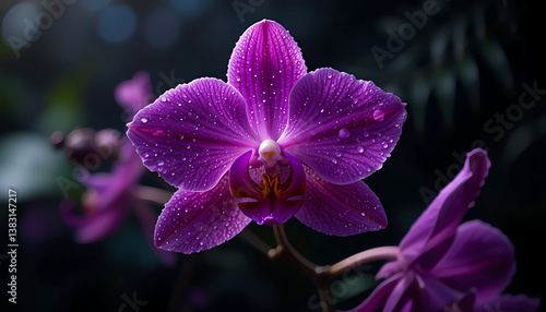 Rainforest orchids - Exotic purple orchid with dew drops, black background, cinematic lighting, velvety petal texture