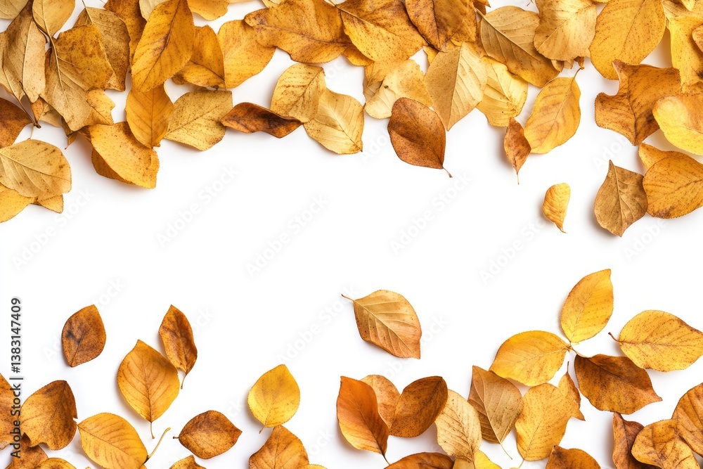 Scattered Autumn Leaves on White Background with Copy Space in Center Scattered Autumn Leaves on White Background with Copy Space in Center