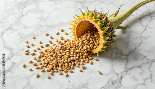 Sunflower seeds spilling from a cut stem onto white marble surface, high-contrast texture shot