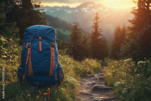 Stunning Mountain Trail at Sunset With Backpack Resting on a Rocky Path