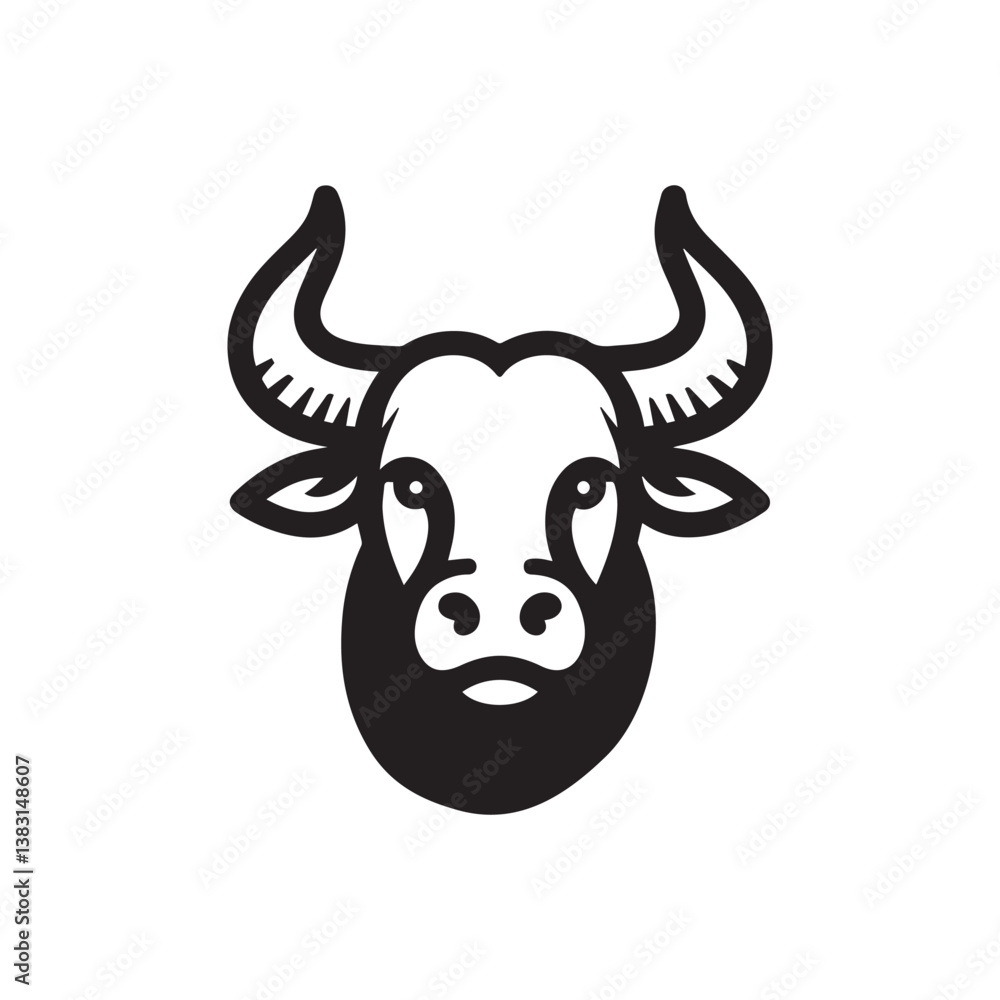 Naklejka premium Funny cartoon cow head vector isolated on white with horns and black and brown features