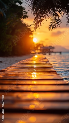 Sunset Over Tranquil Water Reflects Lights Along Wooden Pier in Serene Coasta...