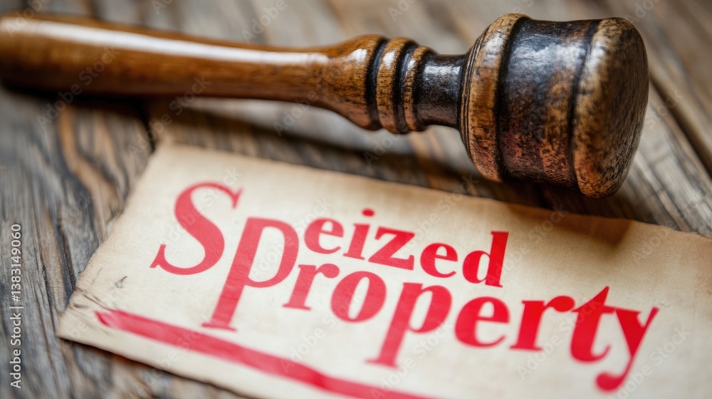 Auction hammer next to a Seized Property notice. Auction hammer next to a Seized Property notice.