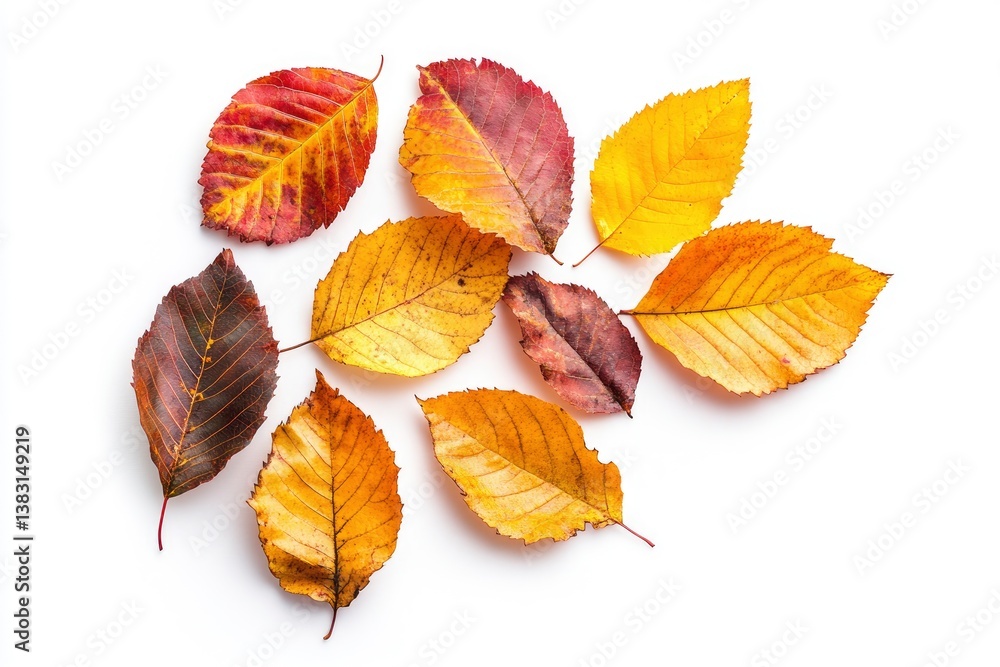 Arrangement of Autumn Leaves Displaying Fall Colors on White Background Arrangement of Autumn Leaves Displaying Fall Colors on White Background