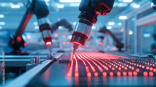 Wallpaper Mural A robotic arm delicately handles components on a conveyor, illuminated by red lights, showcasing advanced automation in a modern factory setting. Torontodigital.ca