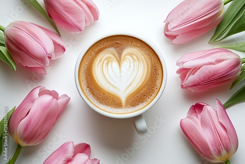 Latte Art With Heart Design Surrounded by Pink Tulips on a White Surface