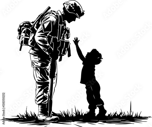 Soldier embracing child memorial day tribute outdoor setting emotional scene close-up view honor and sacrifice