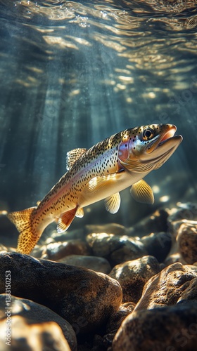 Trout Swimming Gracefully in Clear Underwater Environment With Sunlight Rays ...