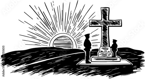 Memorial day commemoration ceremony cemetery grounds illustration peaceful environment side view honor and remembrance