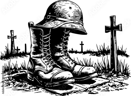 Memorial day ceremony honoring fallen heroes cemetery grounds graphic somber atmosphere artistic perspective tribute concept
