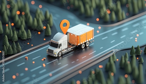 Logistics tracking of a cargo truck on a highway.  3D visualization of delivery route