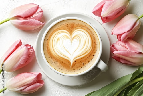 Latte Art With Heart Design Surrounded by Pink Tulips on a White Surface
