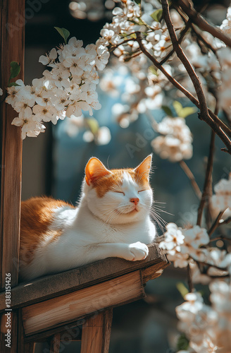 A cat lounging on a tree ledge