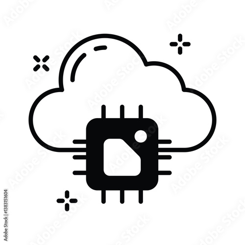 Modern glyph style icon depicting ai cloud with a microprocessor chip