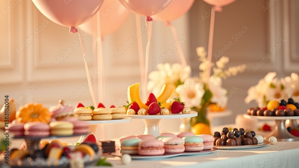 Naklejka premium Sweet Table with Fruits and Desserts, Decorated with a Few Pink Balloons