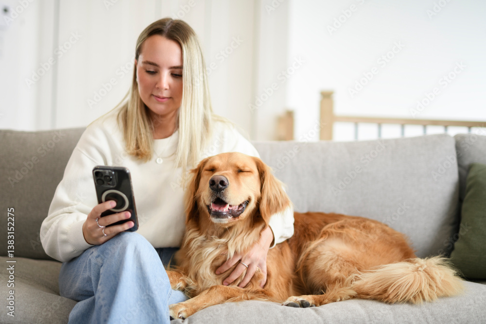 custom made wallpaper toronto digitalPortrait of a young woman on the livingroom with golden retriever dog using cellphone