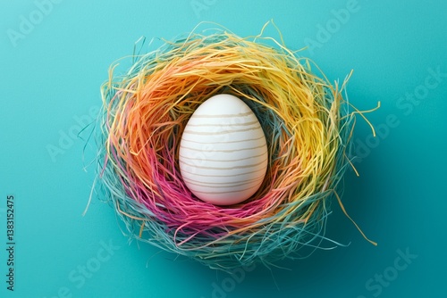 Decorative White Egg in Colorful Nest on Blue Background for Spring Celebration