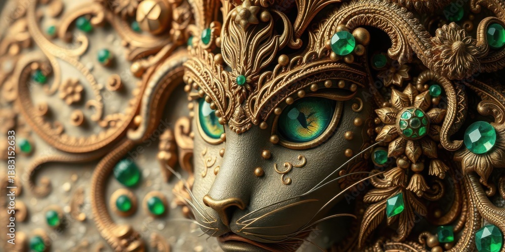 Naklejka premium Ornate Golden Cat Sculpture with Emerald Gems Close up