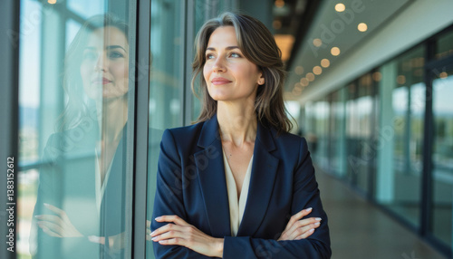 Modern portrait headshot of a friendly ceo executive business worker: A confident businesswoman with graying hair stands with her arms crossed, gazing thoughtfully out of a large window in a modern Free Download Modern portrait headshot of a friendly ceo executive business worker: A confident businesswoman with graying hair stands with her arms crossed, gazing thoughtfully out of a large window in a modern - GFXLoad