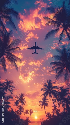 Airplane Flying Over a Tropical Sunset With Palm Trees Silhouetted in the For...