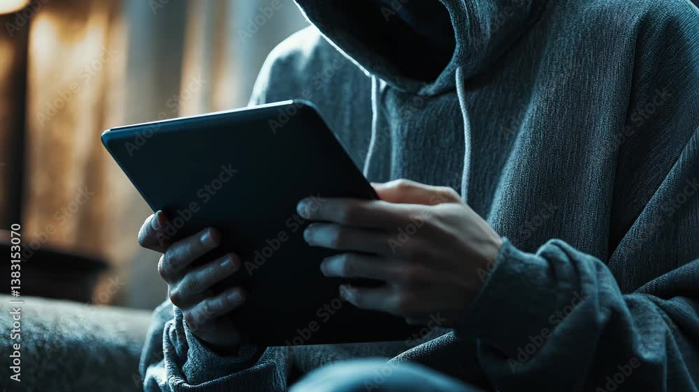 Cyber Security Training Hooded Person Indoors Engages with Tablet to Highlight Technologys Role in Protecting Sensitive Information Cyber Security Training Hooded Person Indoors Engages with Tablet to Highlight Technologys Role in Protecting Sensitive Information