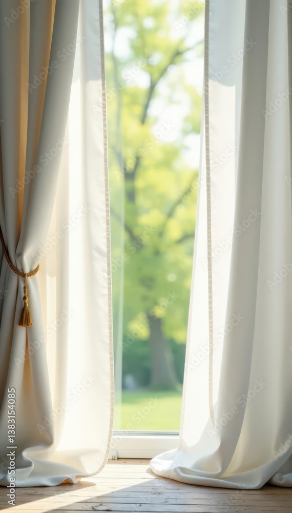 Soft white curtains dance in the spring air, creating a serene and simple scene , living room, airy, delicate Soft white curtains dance in the spring air, creating a serene and simple scene , living room, airy, delicate