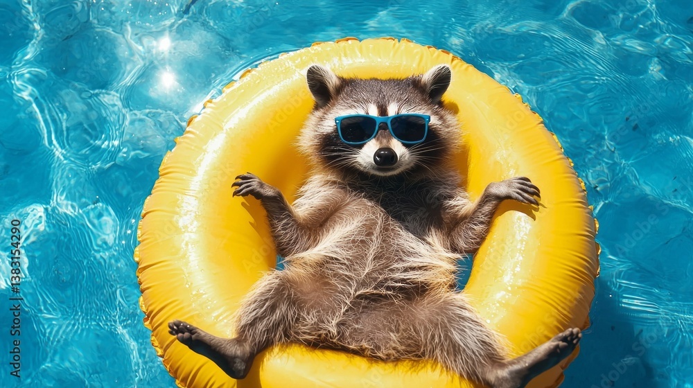 Fototapeta premium A raccoon is sitting in a yellow inflatable pool