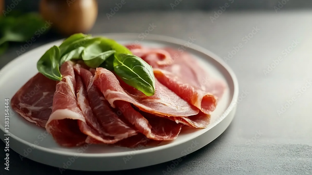 Elegant display of prosciutto slices with fresh basil leaves on a plate Elegant display of prosciutto slices with fresh basil leaves on a plate