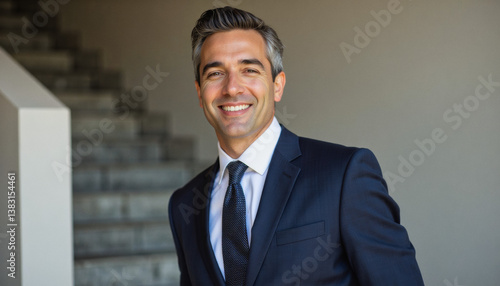 Wallpaper Mural Modern portrait headshot of a friendly ceo executive business worker: A smiling, well-dressed man in a navy suit stands confidently near a staircase, radiating professionalism and approachability. Torontodigital.ca