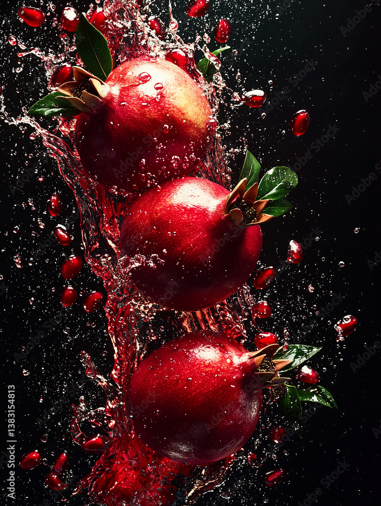 Three Whole Pomegranates Splashing in Water on a Dark Background Three Whole Pomegranates Splashing in Water on a Dark Background