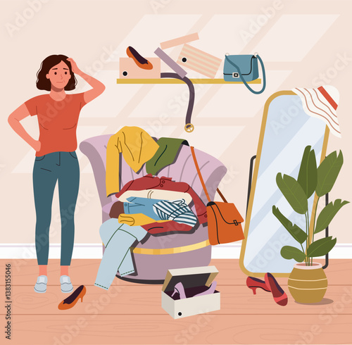 Young woman looks at the mess in the room. Flat style cartoon vector illustration