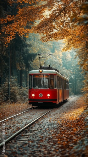 Vintage Red Tram Travels Through Autumn Forest Path Surrounded by Colorful Fo...