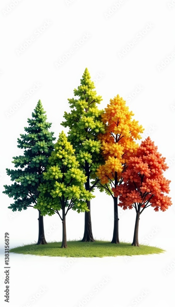 Naklejka premium Cluster of tall and short trees against a clean white backdrop, scenery, isolated