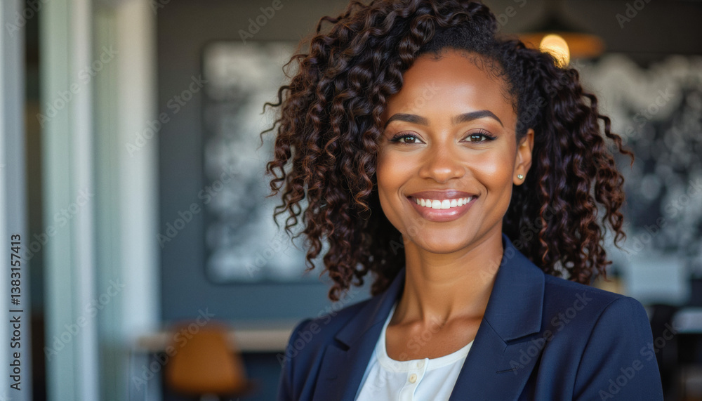 Modern portrait headshot of a friendly ceo executive business worker: A smiling Black woman in a navy blazer and white top confidently looks forward, likely a professional in a modern cafe setting. Modern portrait headshot of a friendly ceo executive business worker: A smiling Black woman in a navy blazer and white top confidently looks forward, likely a professional in a modern cafe setting.